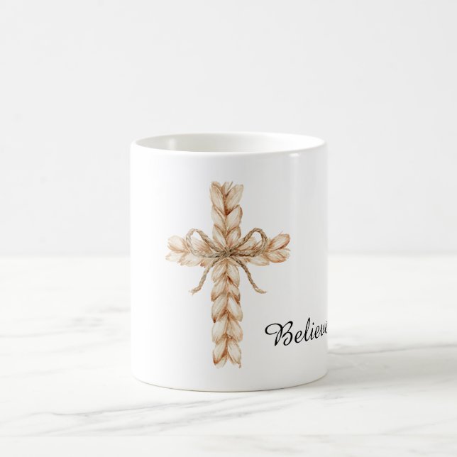 Mug Rustic Cream Cross with Bow Believe (Centre)