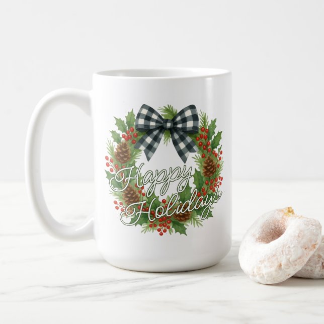 Mug Rustic Holly Wreath White Black Checkered Bow (Avec donut)