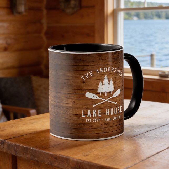 Mug Rustic Lake House Bateau Arbres Bois Imprimer (Créateur téléchargé)