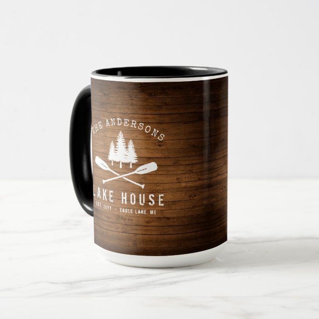 Mug Rustic Lake House Oars Trees Bois Imprimer Grand (Devant gauche)