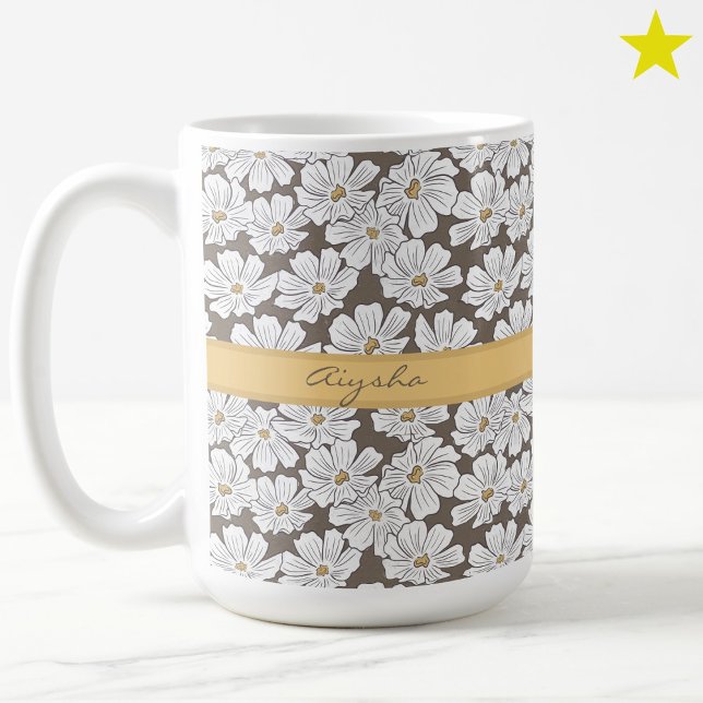 Mug Rustic White Flower Sketch Yellow Gray Custom Name (Créateur téléchargé)