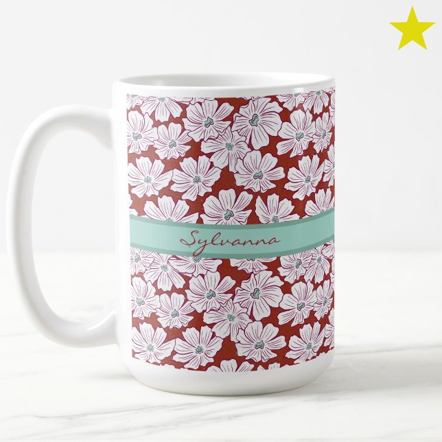 Mug Rustic White Flowers Sketch Red Teal Custom Name (Créateur téléchargé)