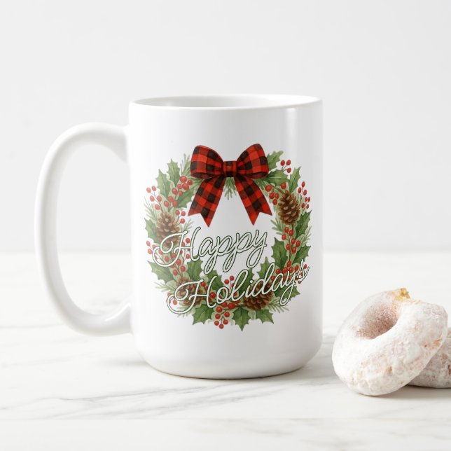 Mug Rustic Wreath Red Black Checkered Bow Holiday (Avec donut)
