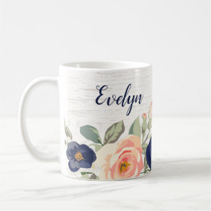 Mug Rustique Bleu jolie Marine, Pêche Floral Personnal