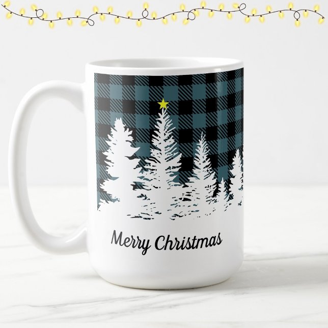 Mug Rustique bleu plaid buffalo forêt Joyeux Noël  (Créateur téléchargé)