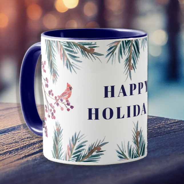 Mug Rustique moderne Happy Holidays pinèdes et oiseaux (Créateur téléchargé)