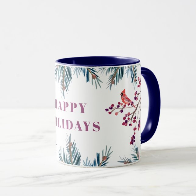 Mug Rustique moderne Happy Holidays pinèdes et oiseaux (Devant droit)