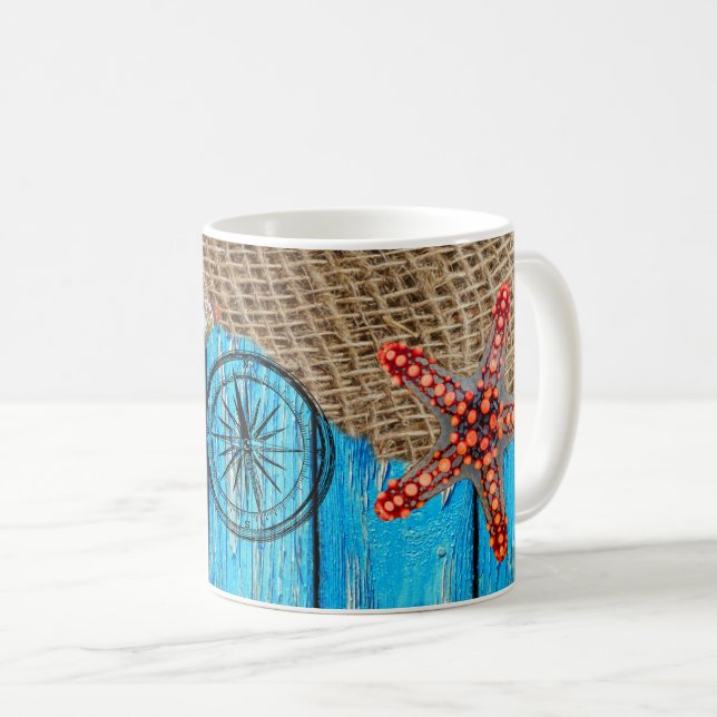 Mug Rustique Nautique Bleu Burlap Starfish (Devant droit)