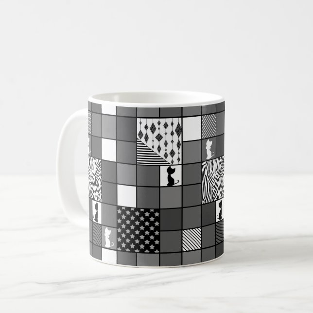 Mug Rustique, Populaire, Noir et blanc, Patchwork, Sim (Devant gauche)