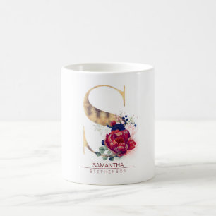 Mug S Monogramme Floral Bourgogne Rouge et Navy Blue