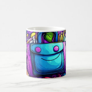 Mug sac à dos bleu entouré de fournitures scolaires co