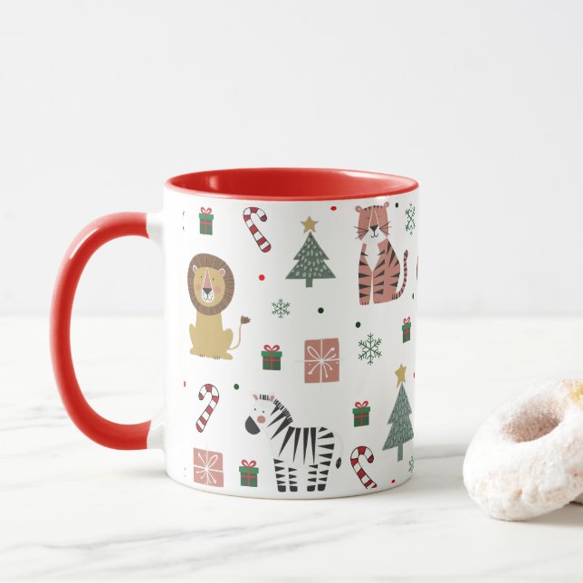 Mug Safari de Noël moderne Animaux Tiger Lion Zebra (Avec donut)