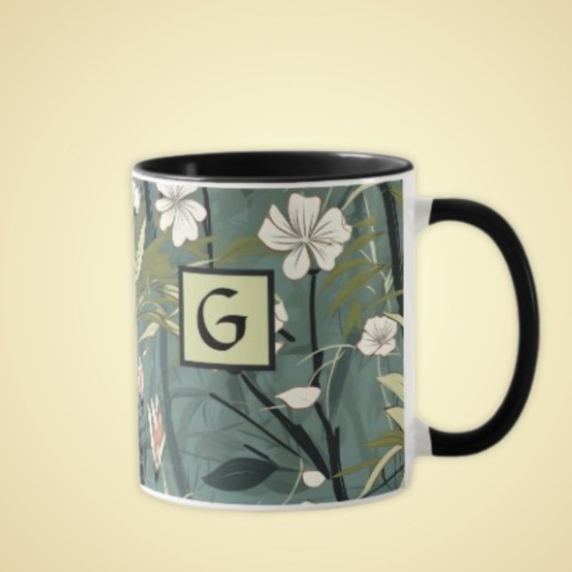 Mug Sage Green Black Floral Japanese Style Monogram  (Créateur téléchargé)