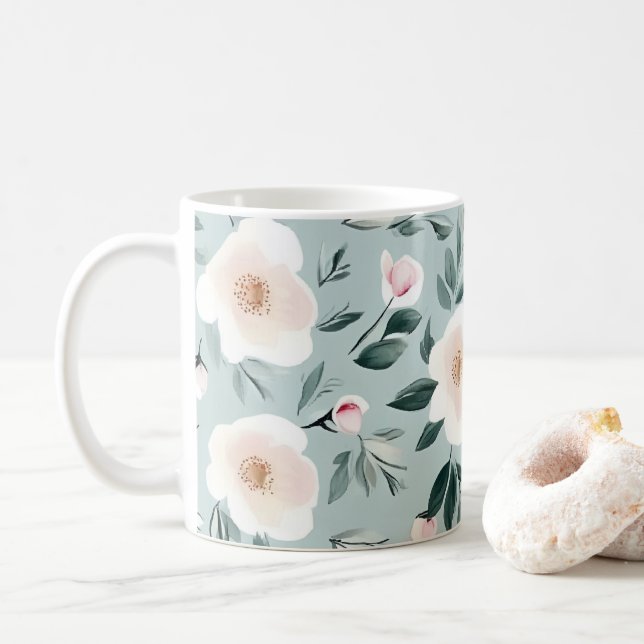 Mug Sage Green blanc Peonies florales (Avec donut)