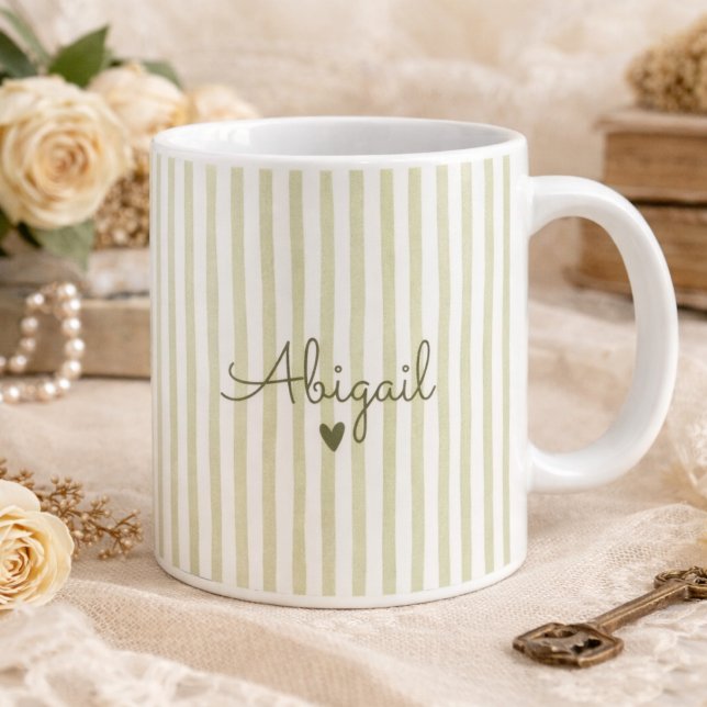 Mug Sage Green Custom Name Striped Cup Gift For Her  (Créateur téléchargé)