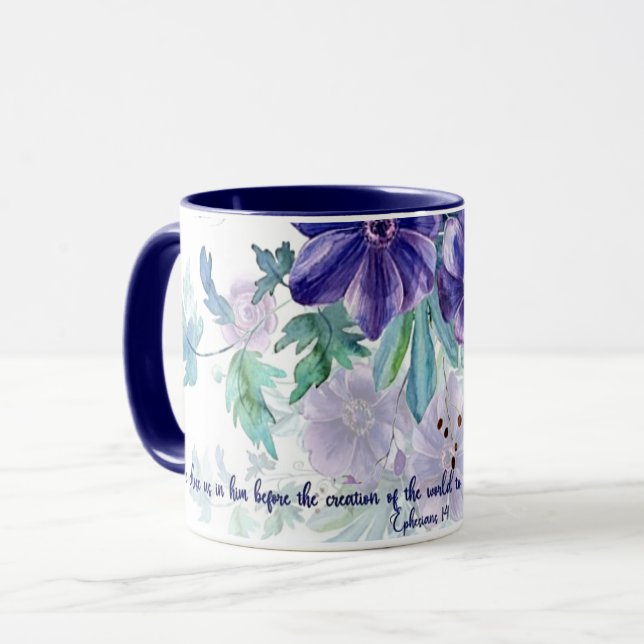 Mug Saint et irréprochable, floral aquarelle violet (Devant gauche)