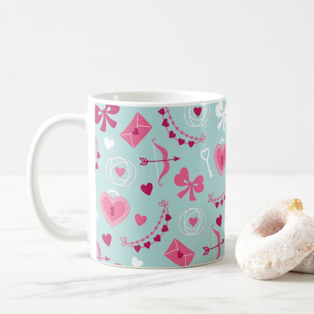 Mug Saint Valentin Amour Coeurs Flèches Bows Rose Roug (Avec donut)