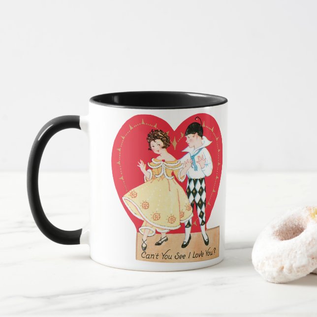 Mug Saint Valentin, Arlequin Vintage et Coeur (Avec donut)