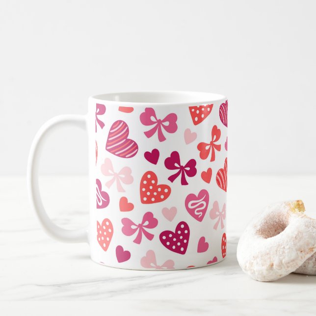 Mug Saint Valentin Coeurs bonbons Pink Ribbons Bows (Avec donut)