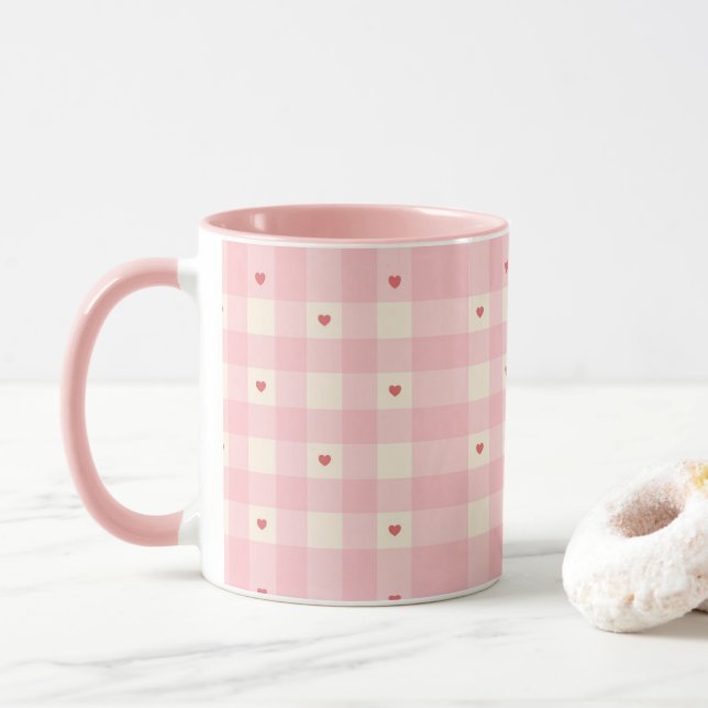 Mug Saint-Valentin Cœurs Gingham Rose  (Avec donut)