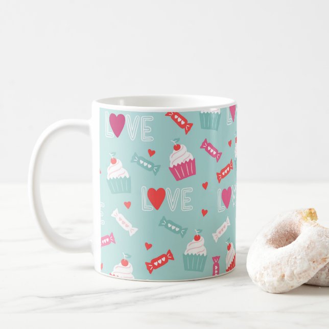 Mug Saint Valentin Cupcake Coeurs Amour Motif (Avec donut)