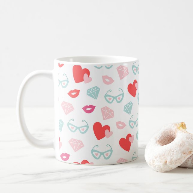 Mug Saint Valentin Diamants Coeurs Baisers Rose (Avec donut)