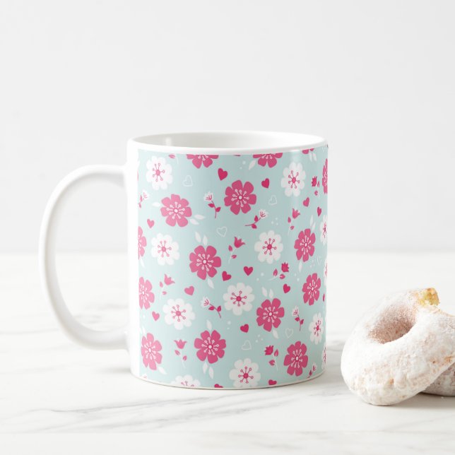 Mug Saint Valentin Fleurs Coeurs rose (Avec donut)
