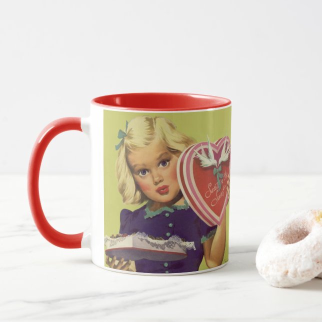 Mug Saint-Valentin Mignon Vintage, Fille avec Chocolat (Avec donut)