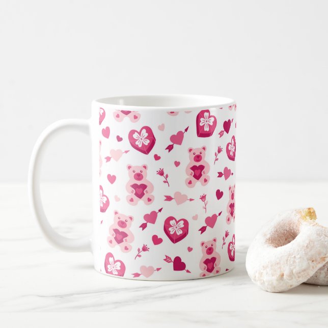 Mug Saint-Valentin Ours Coeurs Rose Amour Motif (Avec donut)