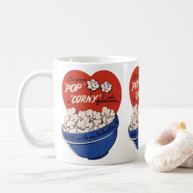 Mug Saint-Valentin Rétro, Popcorn Pose une Question Ri (Avec donut)