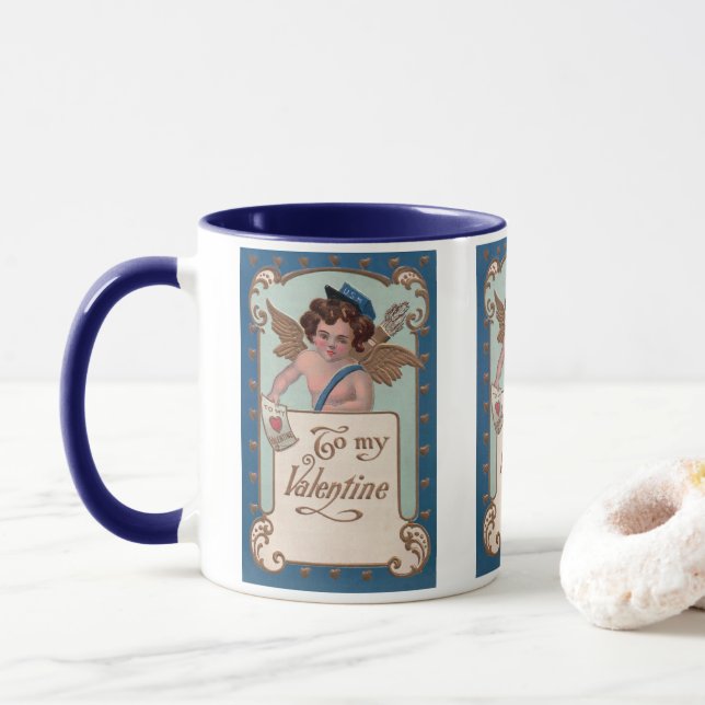 Mug Saint-Valentin vintage, Chérubin avec lettres d'am (Avec donut)