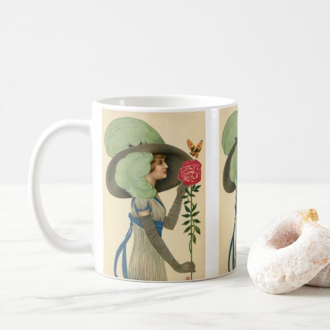 Mug Saint-Valentin vintage, Papillon Rose rouge dame (Avec donut)