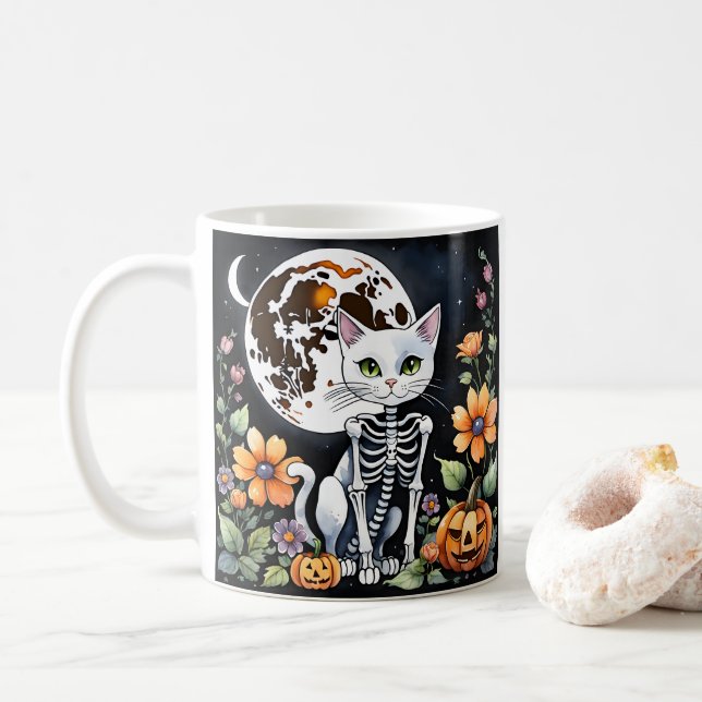 Mug Saison éffrayante Squelette Chat Floral Halloween (Avec donut)