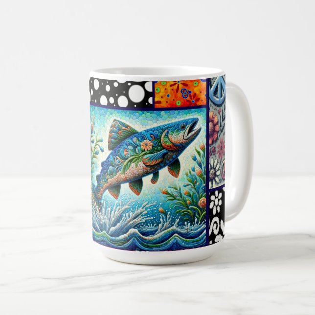 Mug Salmon Crazy Quilt Floral Whimsical Colorful (Devant droit)