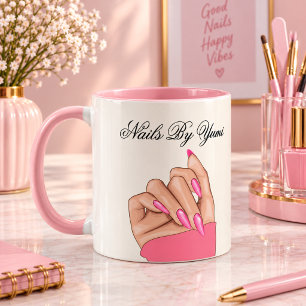 Mug Salon de Beauté Écriture Ongles Roses Élégants et