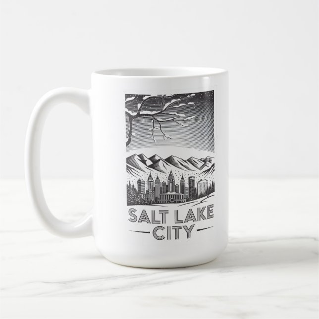 Mug Salt Lake City Skyline Black and White Woodcut  (Gauche)