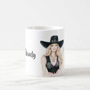 Mug Salut Cowgirl Chapeau Noir Jupe Rose Coeur Blond