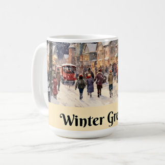 Mug Salut d'hiver, rue de ville enneigée,