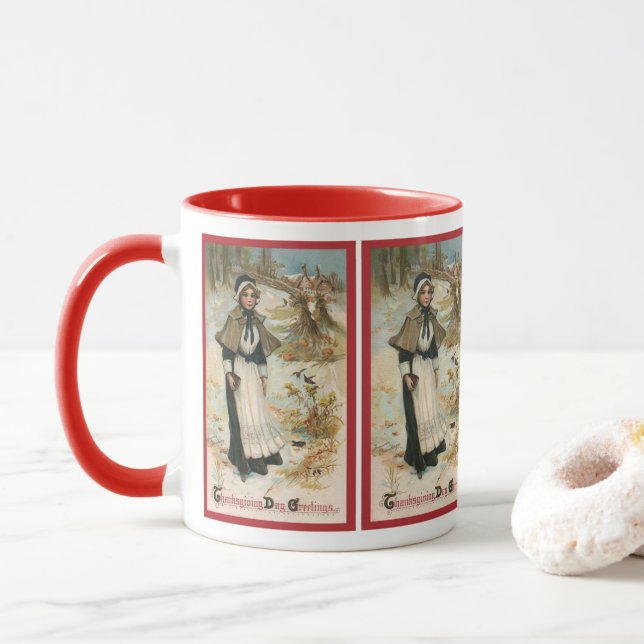 Mug Salutations de Thanksgiving avec une femme pèlerin (Avec donut)