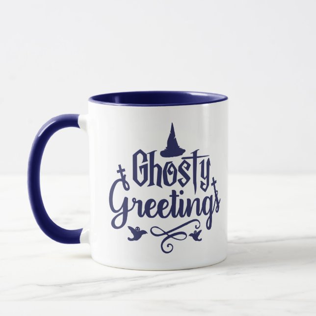 Mug Salutations Ghoost Bleu foncé et blanc Halloween (Gauche)