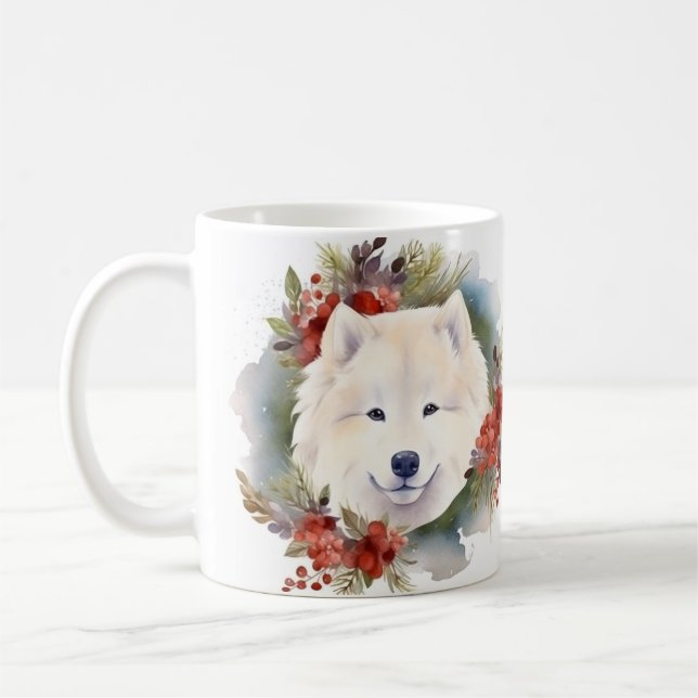 Mug Samoyed Christmas Wreath Festive Pup (Gauche)