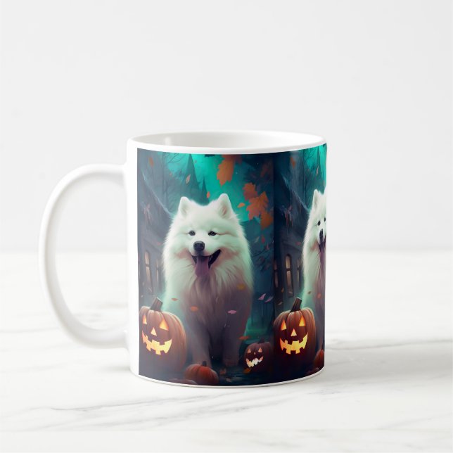 Mug Samoyède Halloween avec citrouilles effrayantes (Gauche)
