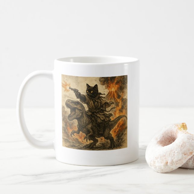 Mug Samurai Chat équitation Dinosaure en éruption volc (Avec donut)
