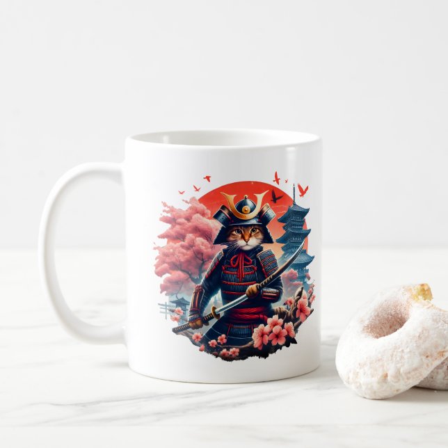 Mug Samurai Chat Graphic Warrier Vintage japonais Anim (Avec donut)