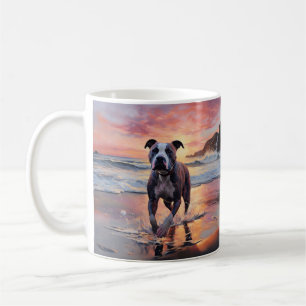 Mug Sandy American Staffordshire Dog on Beach Sunset
