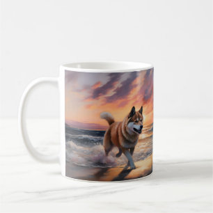 Mug Sandy Paws Akita Chien sur la Plage Coucher de Sol