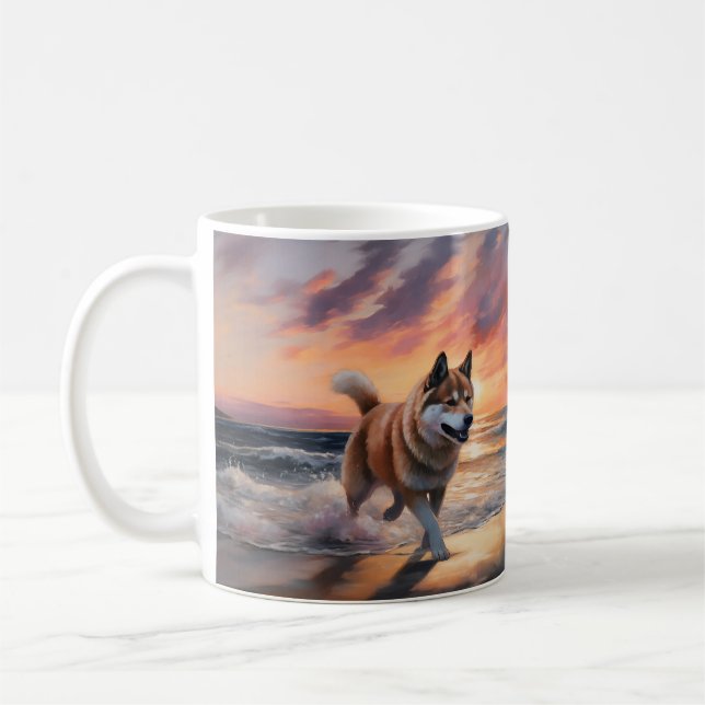 Mug Sandy Paws Akita Chien sur la Plage Coucher de Sol (Gauche)