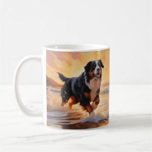 Mug Sandy Paws Bernese Mountain Dog on Beach Sunset