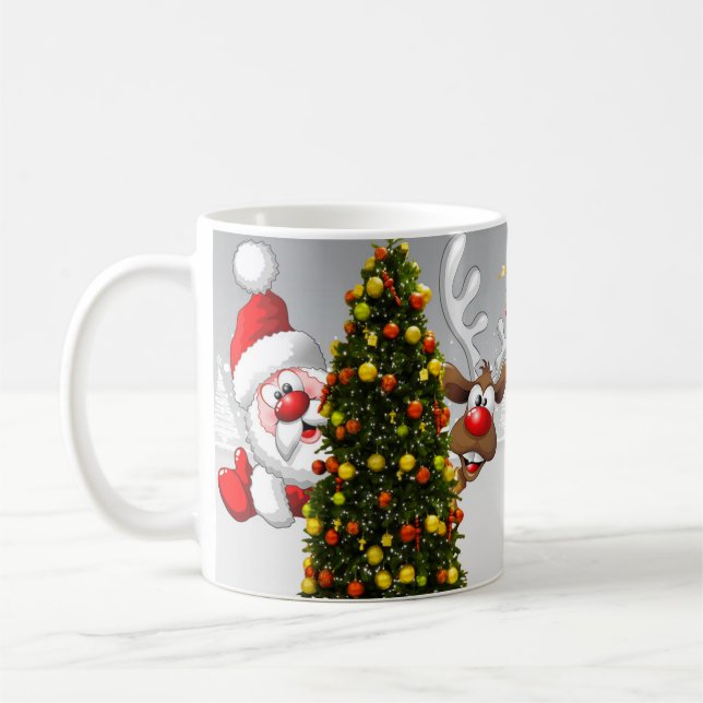 Mug Santa claus and reindeer behind a christmas tree.j (Gauche)