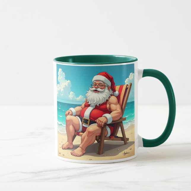 Mug Santa Corps de Plage (“Santa’s off-duty—sun, sand, and sleigh-free relaxation!”)